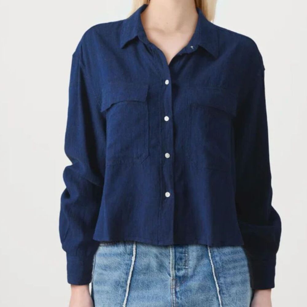 GAP Cropped Button Down Shirt Dark Indigo Denim Look Blouse Women's XS